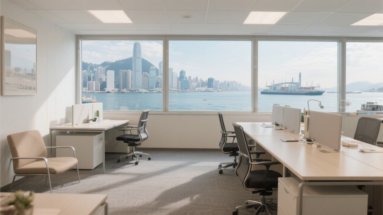 Modern Hong Kong office interior with neutral furnishings and a window view of the harbor, representing a professional yet approachable business environment.