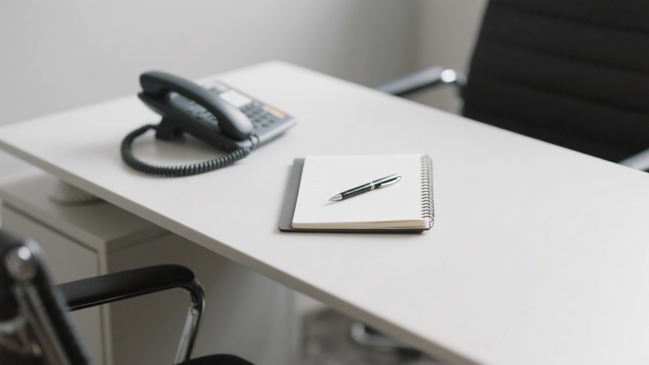Clean business desk with notebook, pen, and phone, conveying a professional contact point for affiliate marketing inquiries.