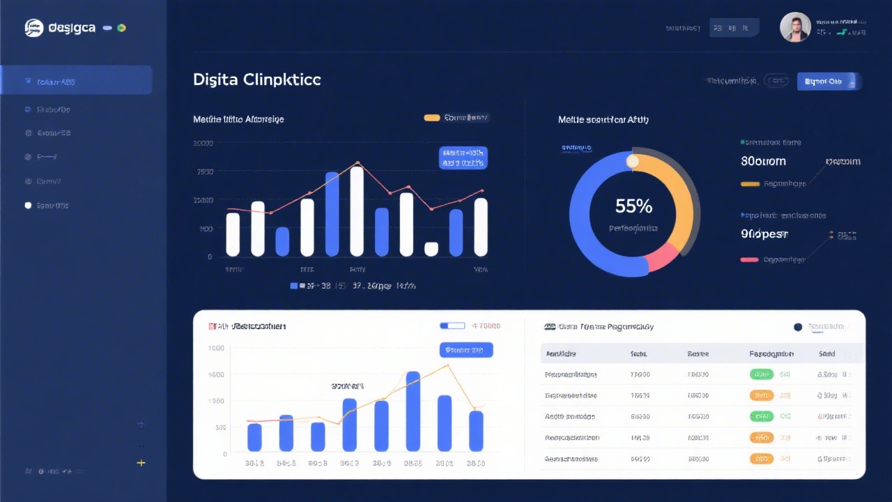Clean data visualization with charts and tables on a navy background, representing measured affiliate performance indicators and structured reporting.
