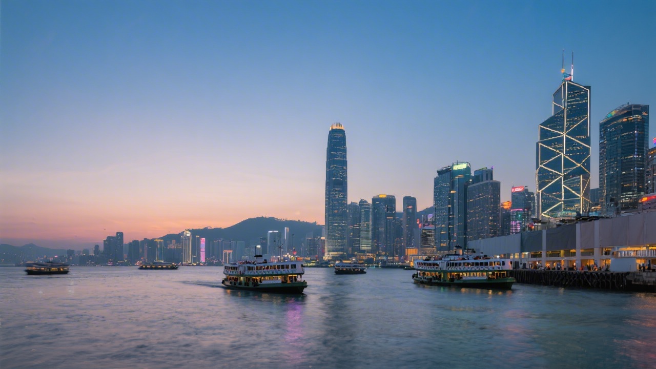 Harbor skyline at dusk with ferry routes and business towers, suggesting a calm yet high-energy market environment for affiliate marketing operations in Hong Kong.