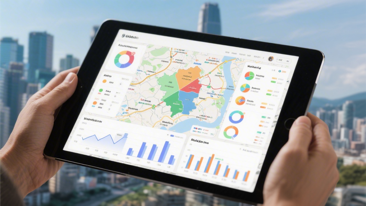City map and analytics dashboard on a tablet, showing regional segmentation and behavioral insights relevant to affiliate marketing in Hong Kong.