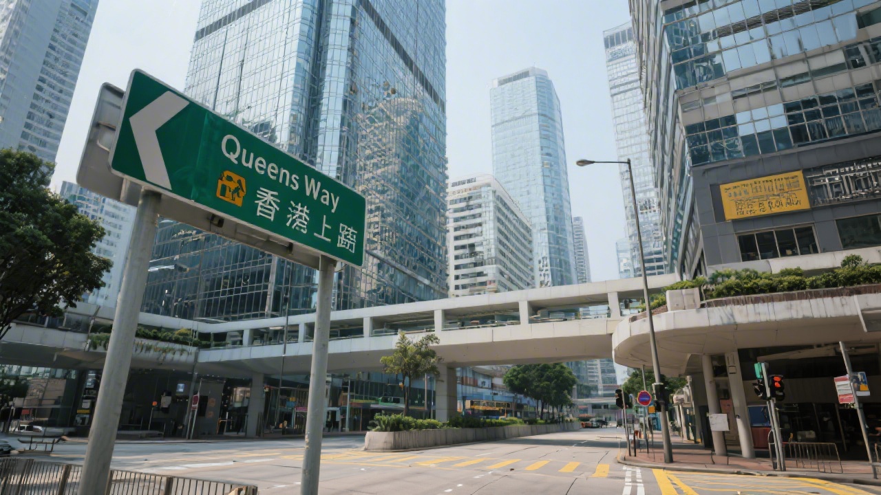Exterior street view near Queensway with business towers and clear signage, indicating a central Hong Kong business district location.