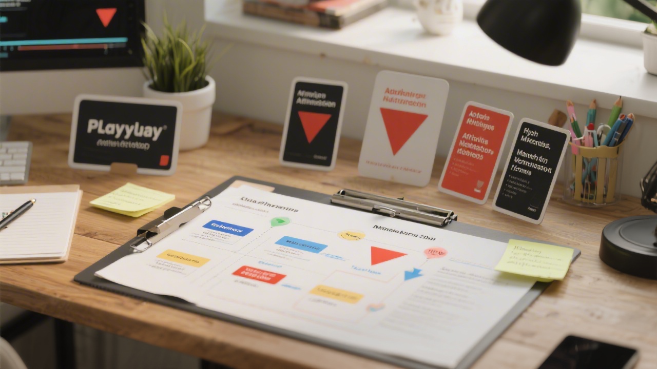 Editorial layout with playbook cards, funnel arrows, and notes on a workspace, demonstrating structured affiliate monetization workflows for multiple verticals.