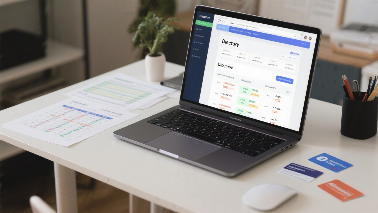 Editorial-style desk scene with laptop showing a directory interface, spreadsheets, and program cards, illustrating structured affiliate program research and comparison.