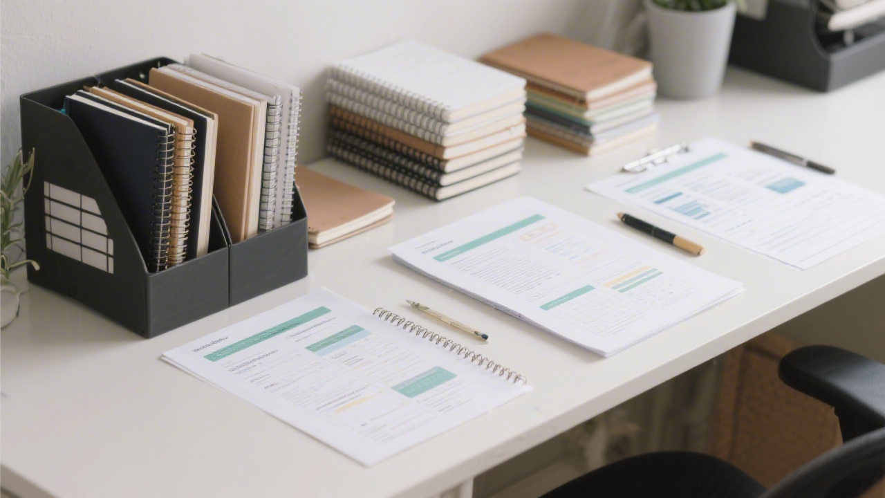 Neatly arranged notebooks and digital templates on a workspace, symbolizing organized documentation and consistent affiliate marketing workflows.