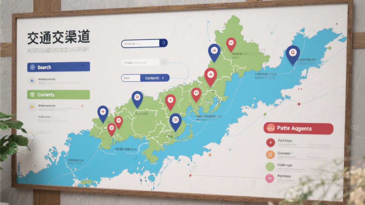Infographic-style board showing traffic channels like search, content, and paid ads with regional markers indicating targeted distribution across Hong Kong and nearby markets.